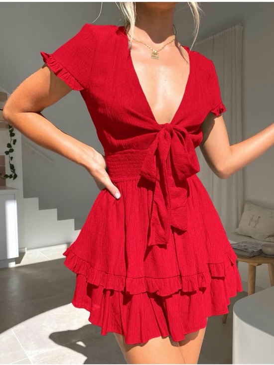 PrettyGarden Dresses & Skirts - PrettyGarden Red Ruffle Mini Dress | Tie Front Romantic Dress ❤️🍒
